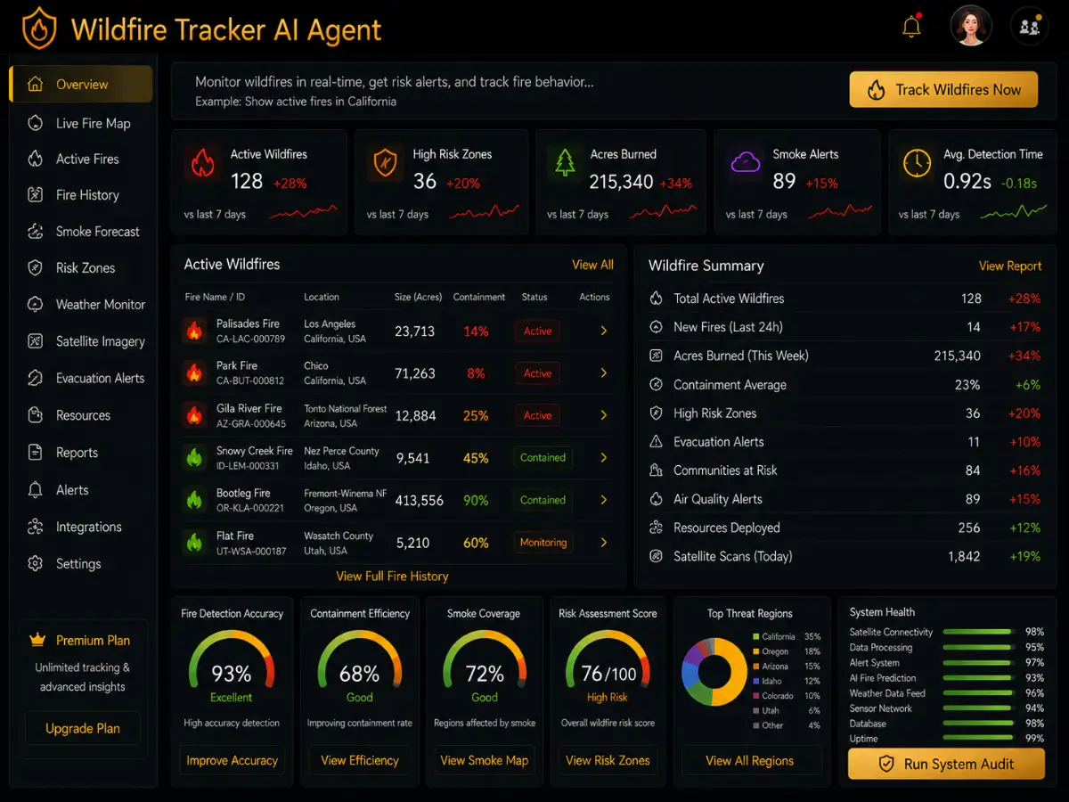 wildfiretracker.app AI wildfire tracker app — fire monitoring and evacuation dashboard preview